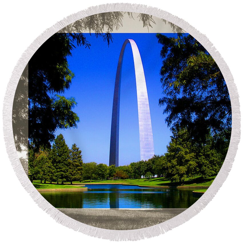 Architecture Round Beach Towel featuring the photograph Gateway Arch Trees Landscape by Patrick Malon