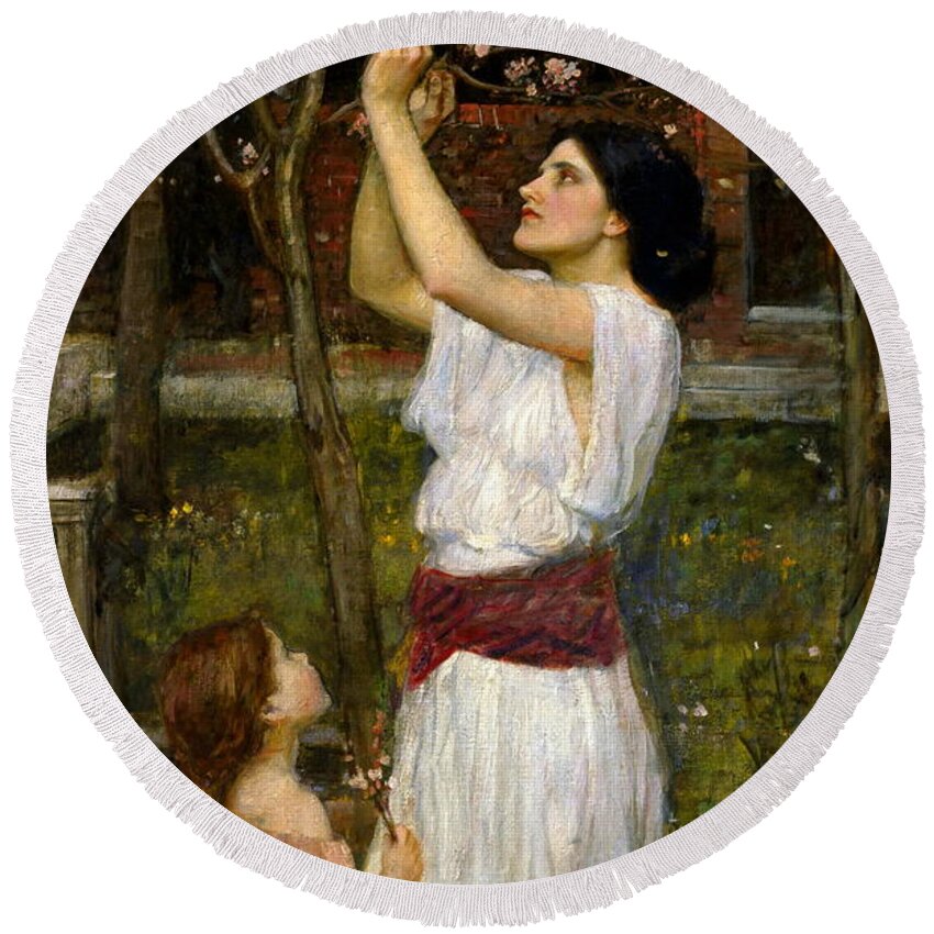 John William Waterhouse Round Beach Towel featuring the painting Gathering Almond Blossoms by John William Waterhouse