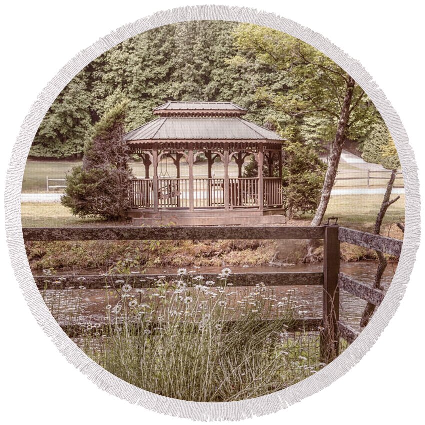 Gazebo Round Beach Towel featuring the photograph Gazebo on the Country Mountain Stream by Debra and Dave Vanderlaan