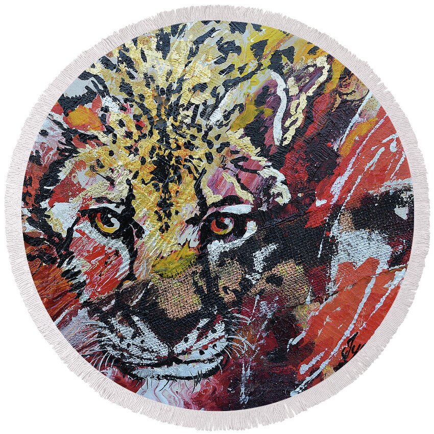  Round Beach Towel featuring the painting Gazing Leopard by Jyotika Shroff