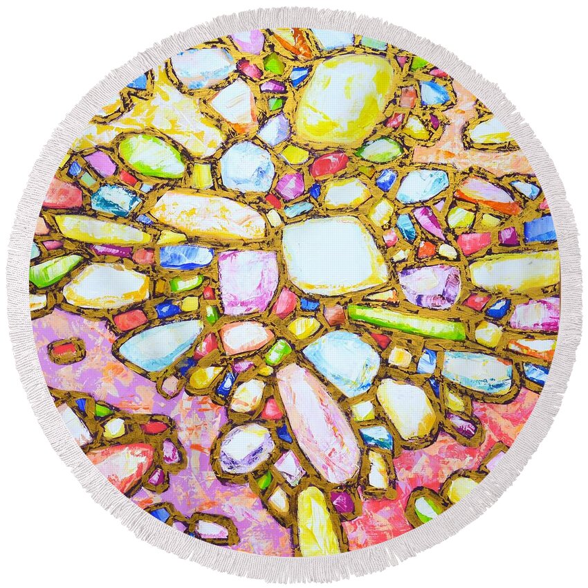 Stones Round Beach Towel featuring the painting Gems in Gold 6. by Iryna Kastsova