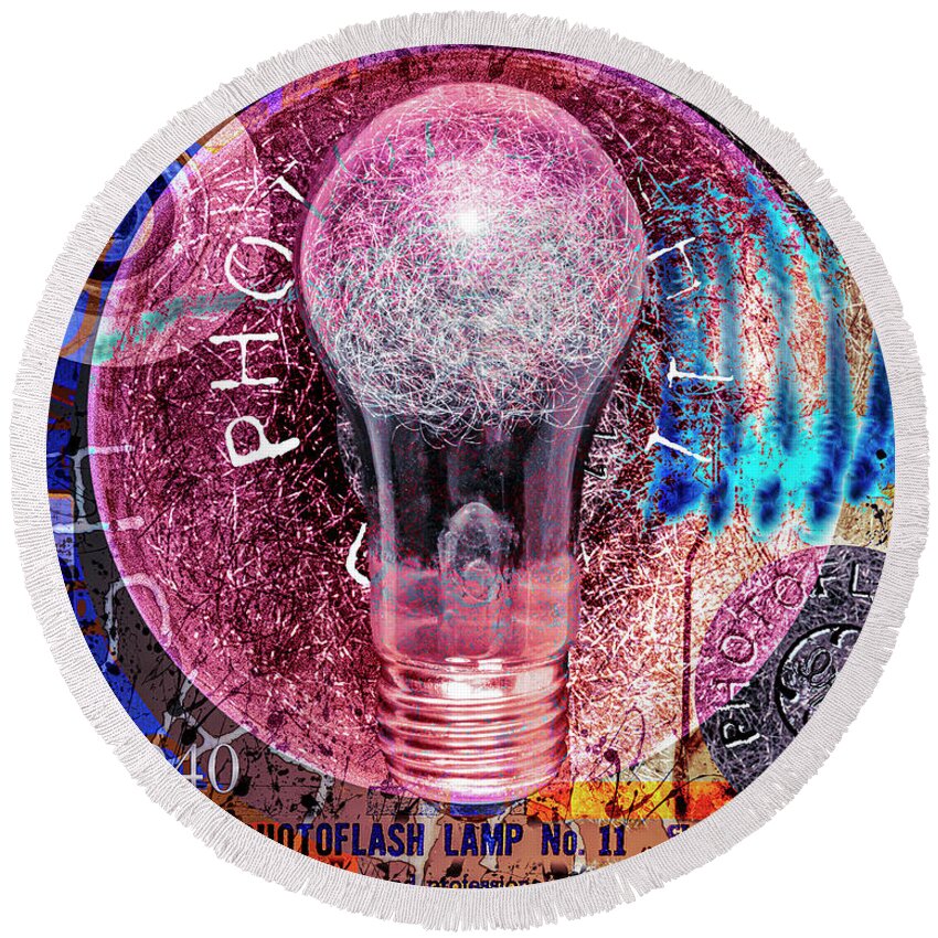 General Round Beach Towel featuring the digital art General Electric Photoflash Lamp No. 11 Class M by Anthony Ellis