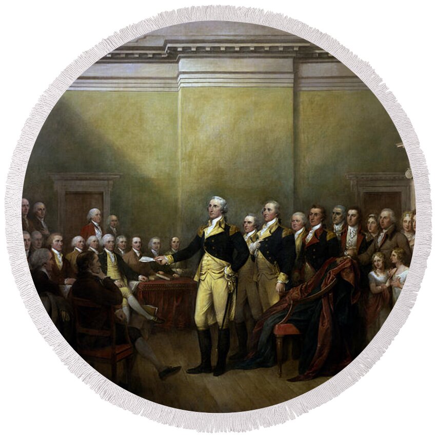 George Washington Round Beach Towel featuring the painting General Washington Resigning His Commission by War Is Hell Store