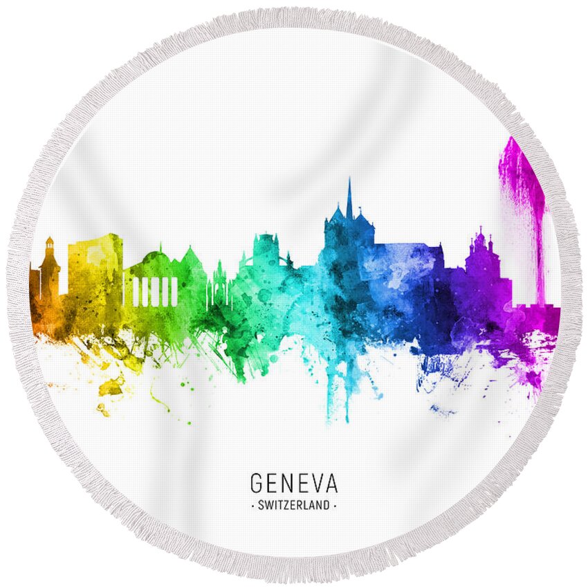 Geneva Round Beach Towel featuring the digital art Geneva Switzerland Skyline #40 by Michael Tompsett