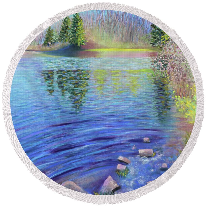 Spring Landscape Round Beach Towel featuring the painting Gentle Spring Breeze by Polly Castor