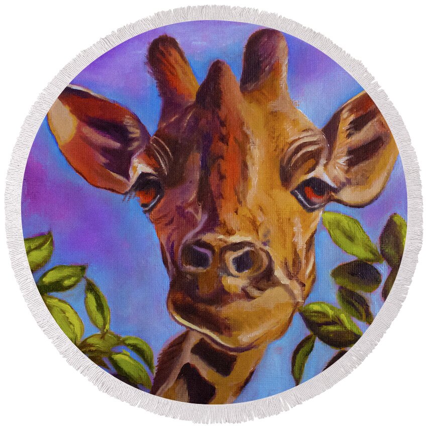 Giraffe Round Beach Towel featuring the painting Geoffery, the giraffe by Tracy Hutchinson