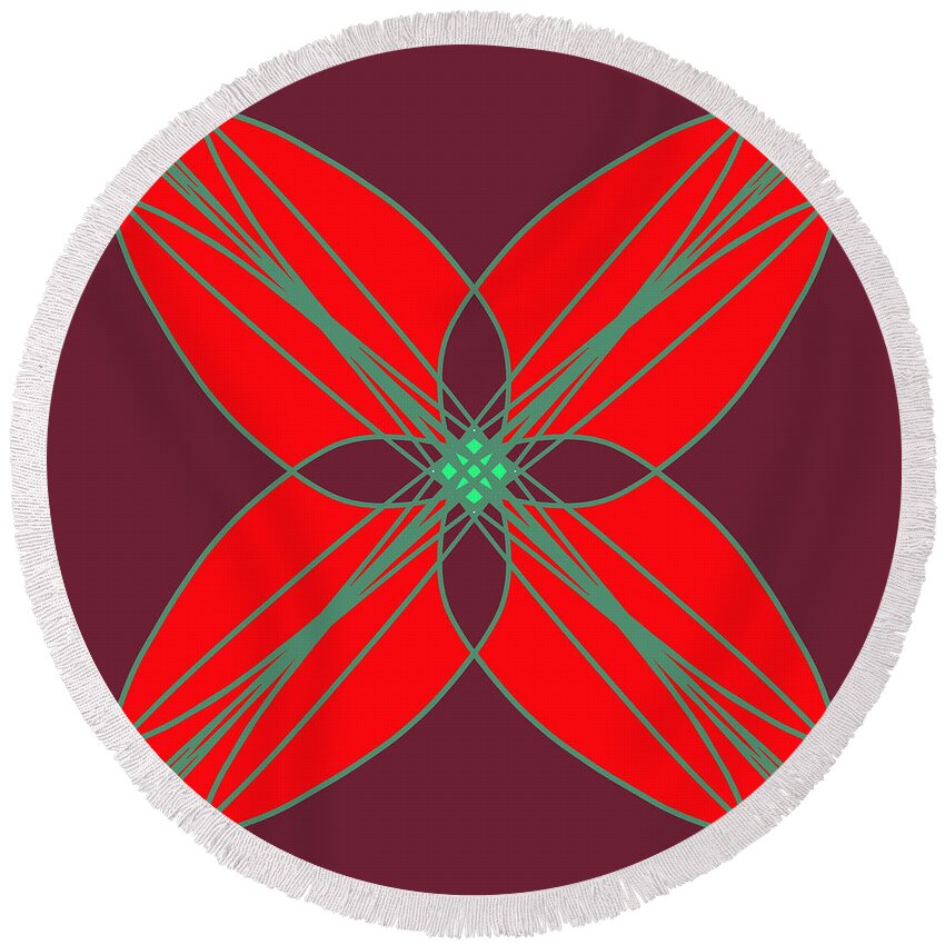 Decorative Illustration Round Beach Towel featuring the digital art Geometrical Pattern - Red Flower by Patricia Awapara