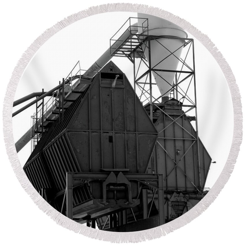 Black And White Round Beach Towel featuring the photograph Geometrics At A Pulp Plant in BW by Kae Cheatham