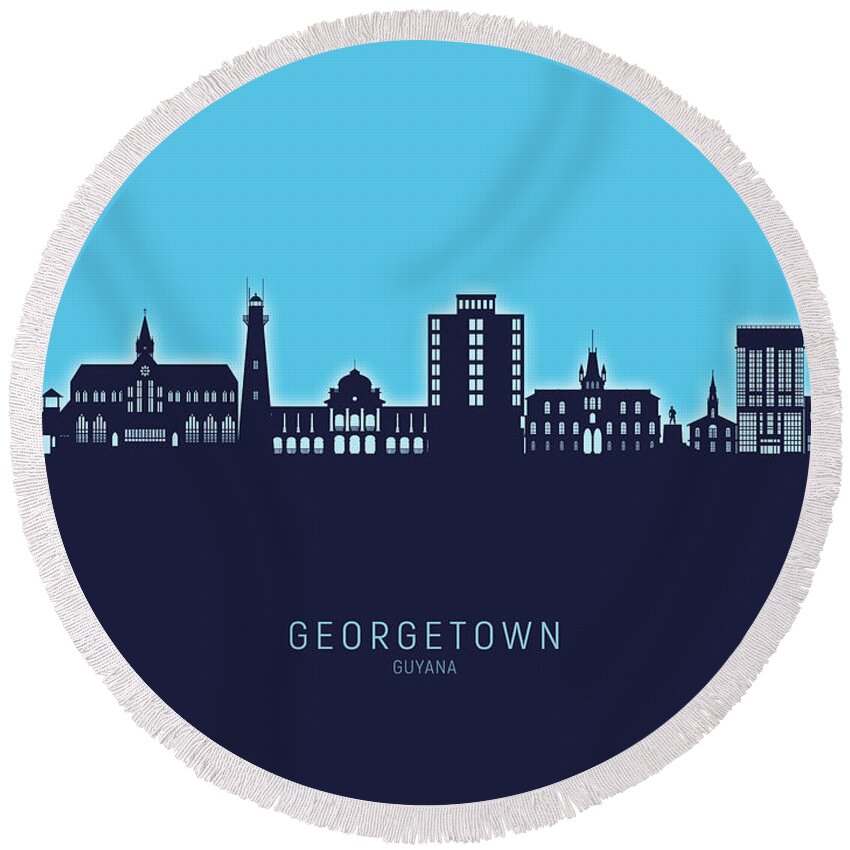 Georgetown Round Beach Towel featuring the digital art Georgetown Guyana Skyline #05 by Michael Tompsett