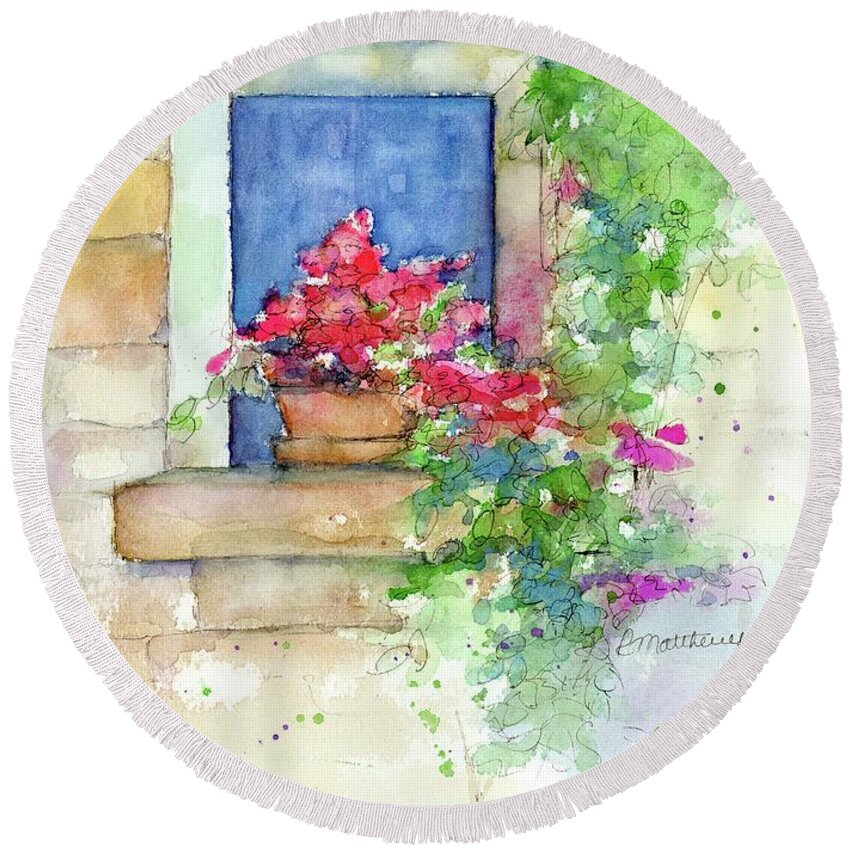 Floral Painting Round Beach Towel featuring the painting Geranium in window by Rebecca Matthews