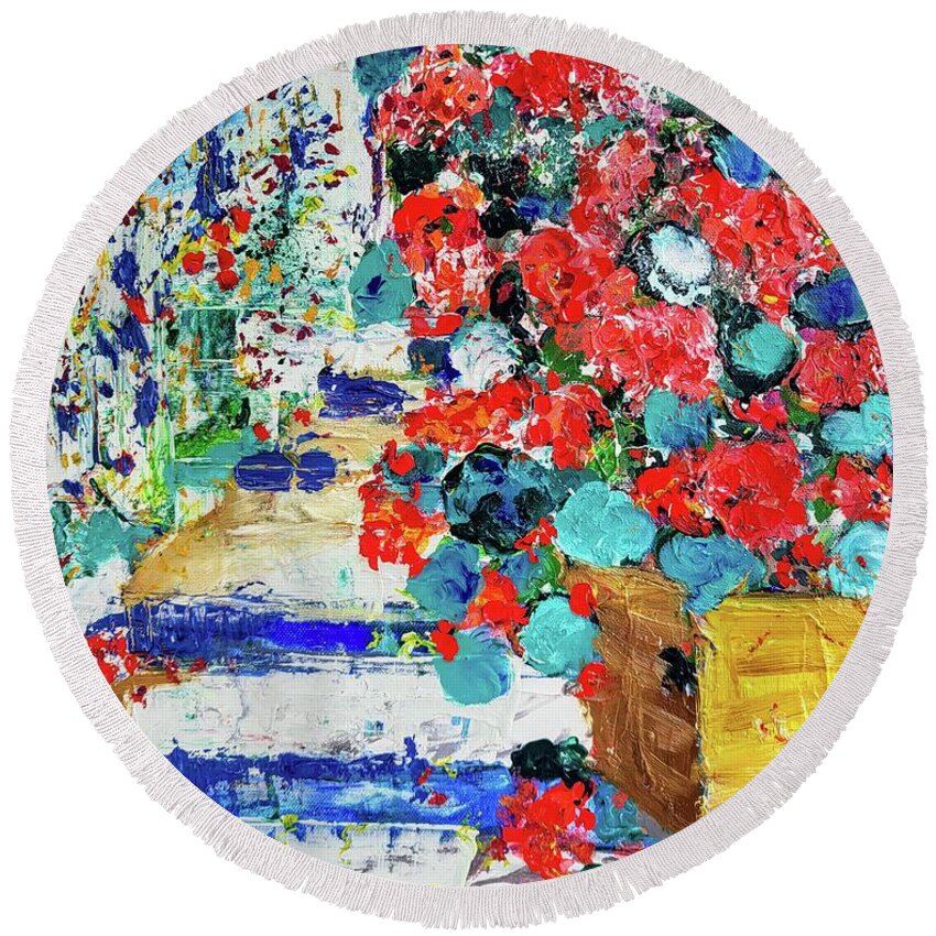 Geraniums Round Beach Towel featuring the painting Geraniums by Evelina Popilian