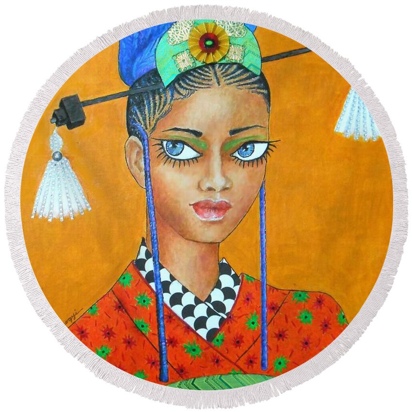 African Woman Round Beach Towel featuring the painting Ghanaian Geisha by Jayne Somogy