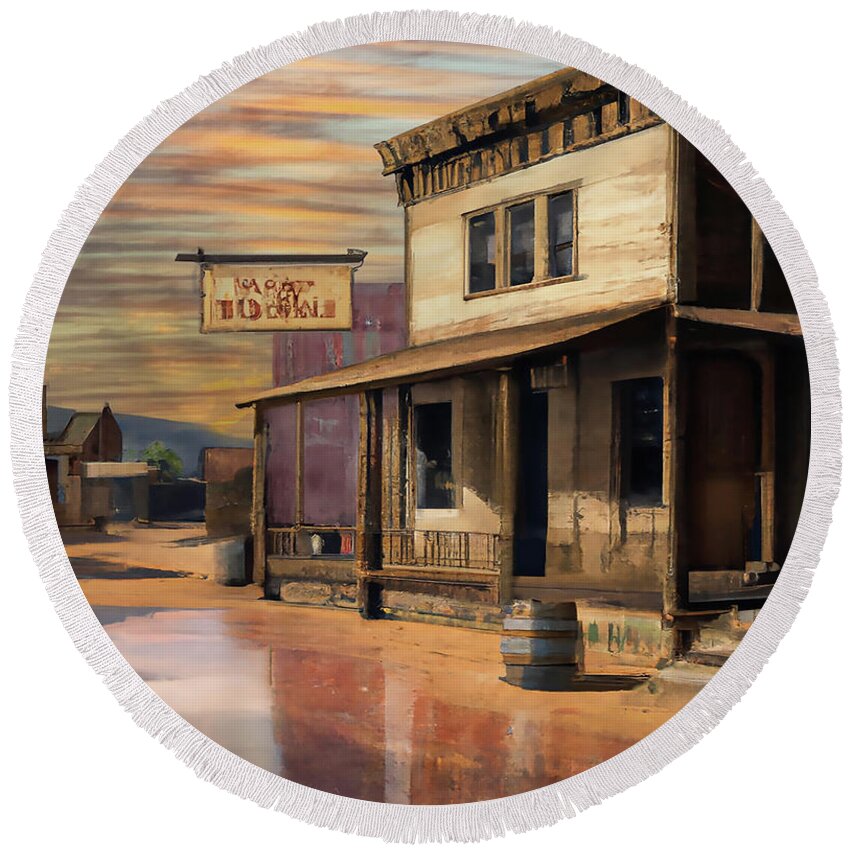 Western Round Beach Towel featuring the digital art Ghost Town by Alison Frank