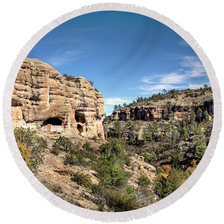 Gila Cave Dwellings Round Beach Towel featuring the photograph Gila Cliff Dwellings by Endre Balogh