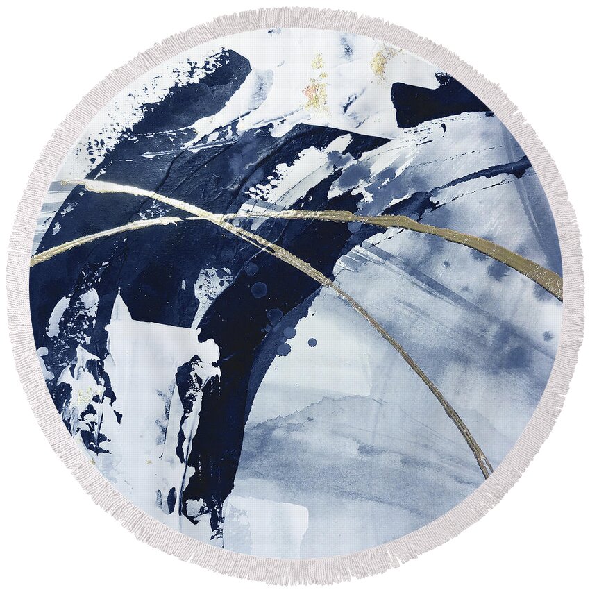 Original Watercolors Round Beach Towel featuring the painting Gilded Arcs 2 - Navy by Chris Paschke