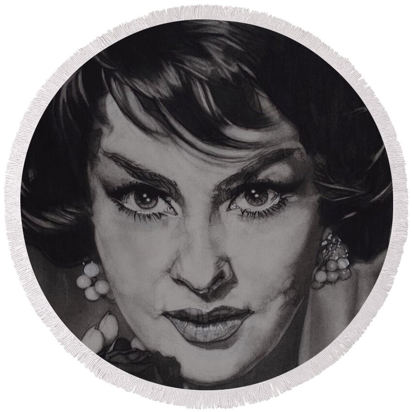 Charcoal Pencil On Paper Round Beach Towel featuring the drawing Gina Lollobrigida by Sean Connolly