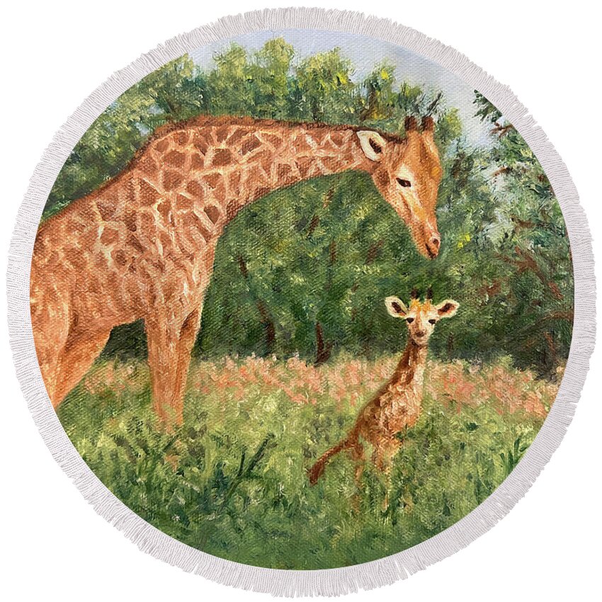 Giraffe Round Beach Towel featuring the painting Giraffe and Calf by Karen Zuk Rosenblatt