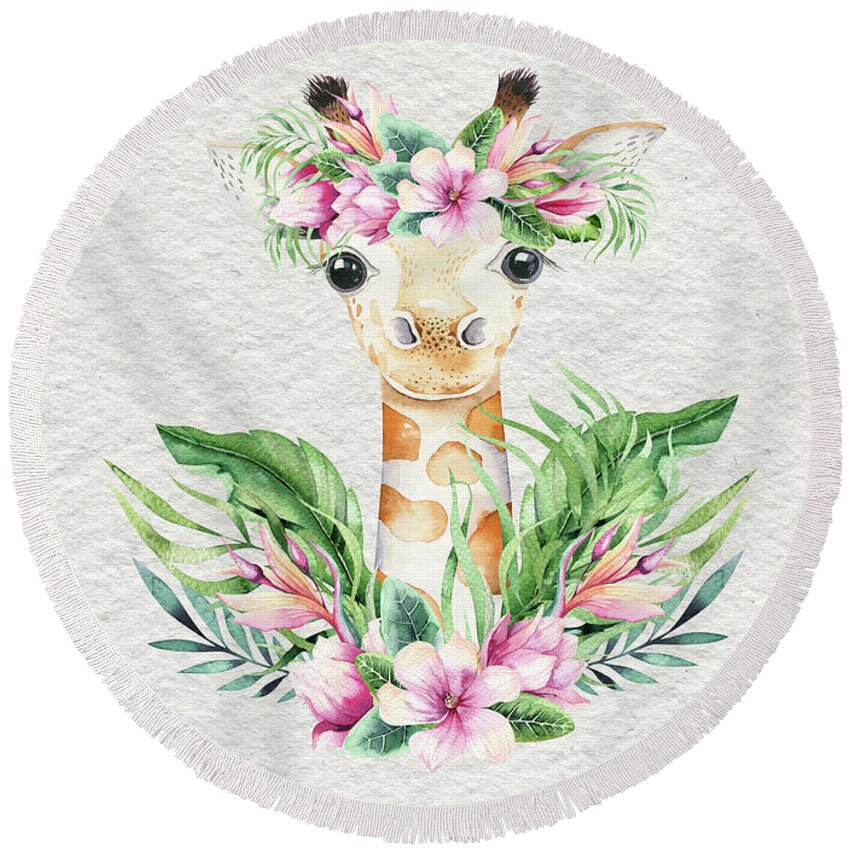 Giraffe Round Beach Towel featuring the painting Giraffe With Flowers by Nursery Art
