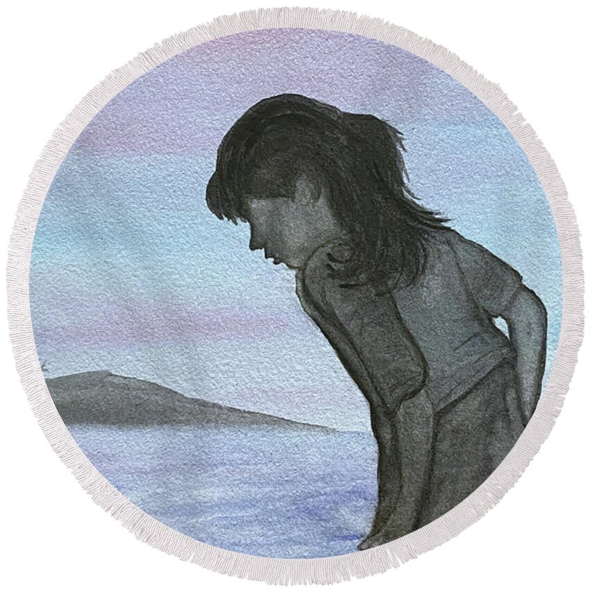 Silhouette Round Beach Towel featuring the painting Girl at the Beach by Lisa Neuman