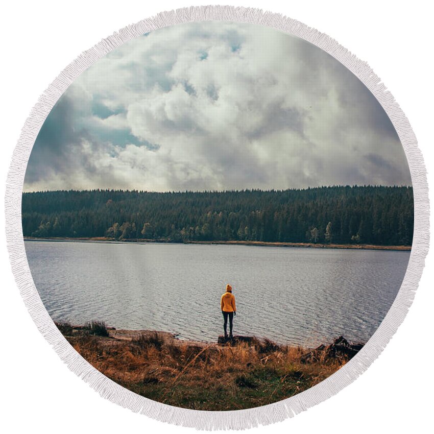 Elegant Round Beach Towel featuring the photograph Girl on the bank of the dam by Vaclav Sonnek
