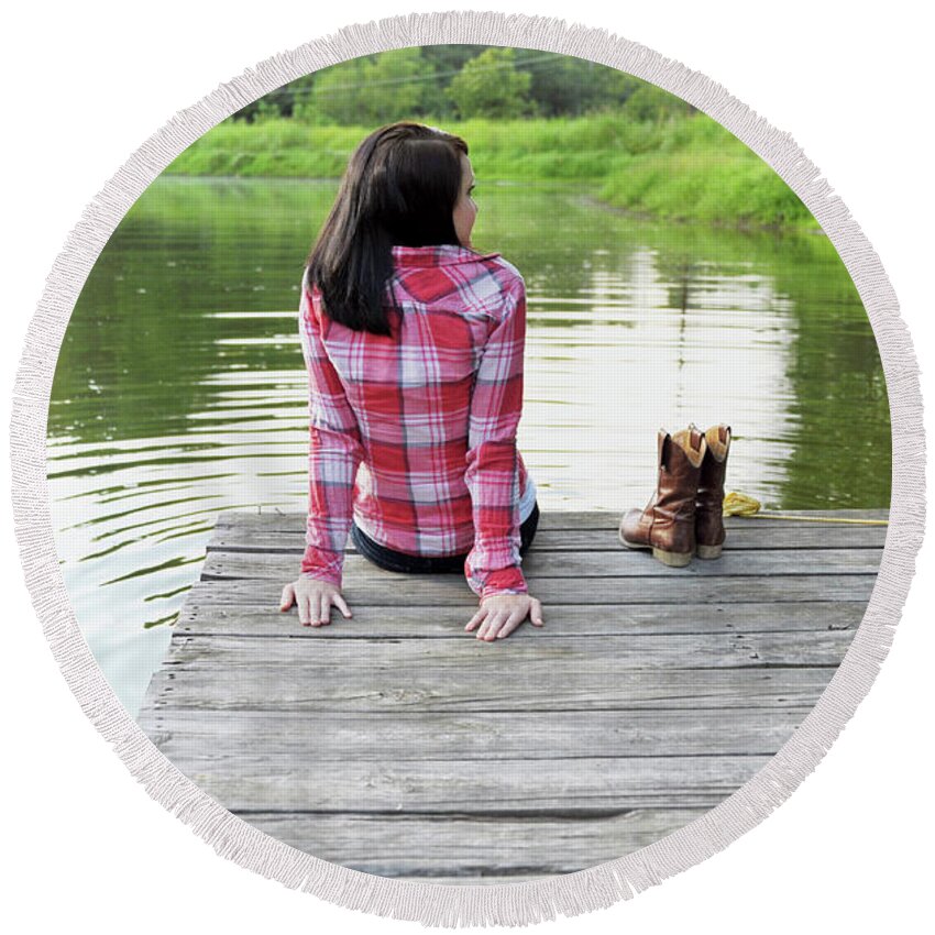 Girl Round Beach Towel featuring the photograph Girl with Boots by James C Richardson
