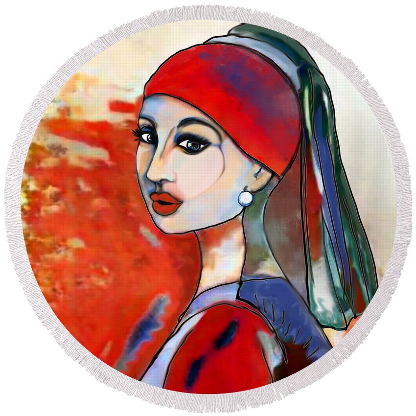 Figurative Art Round Beach Towel featuring the digital art Girl with Pearl 001 by Stacey Mayer