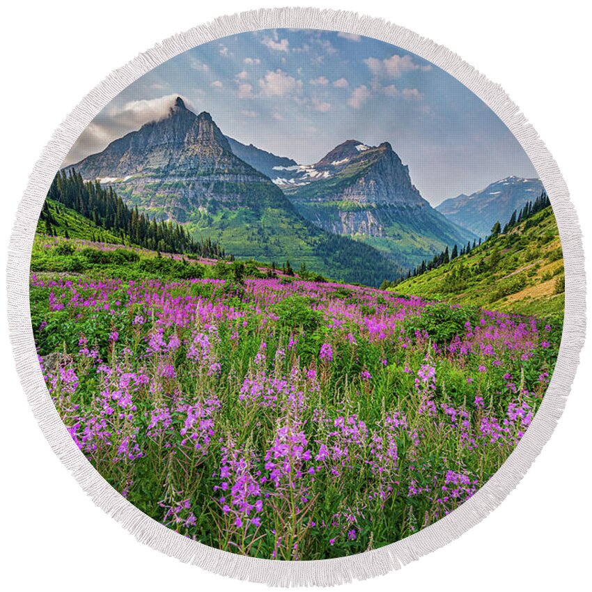 Glacier Round Beach Towel featuring the photograph Glacier Wildflowers by Peter Tellone