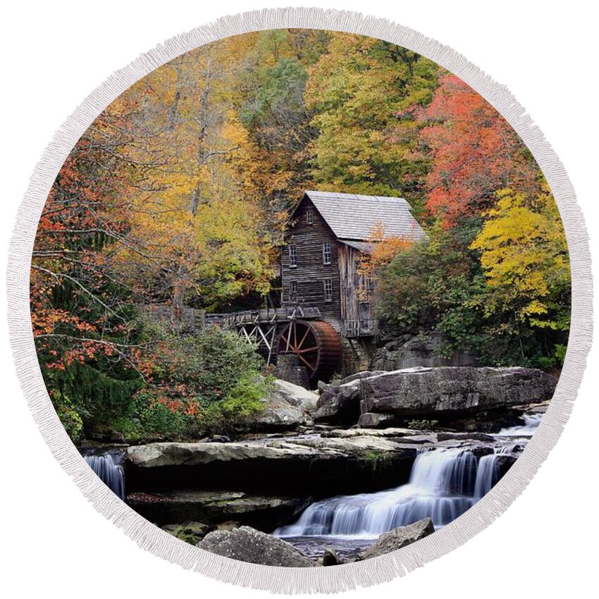 Glade Creek Round Beach Towel featuring the photograph Glade Creek Grist Mill by Chris Berrier