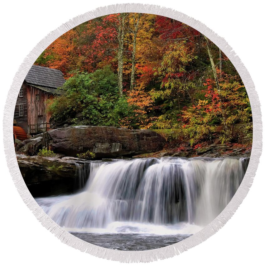 Waterfall Round Beach Towel featuring the photograph Glade Creek grist mill - Photo by Flees Photos