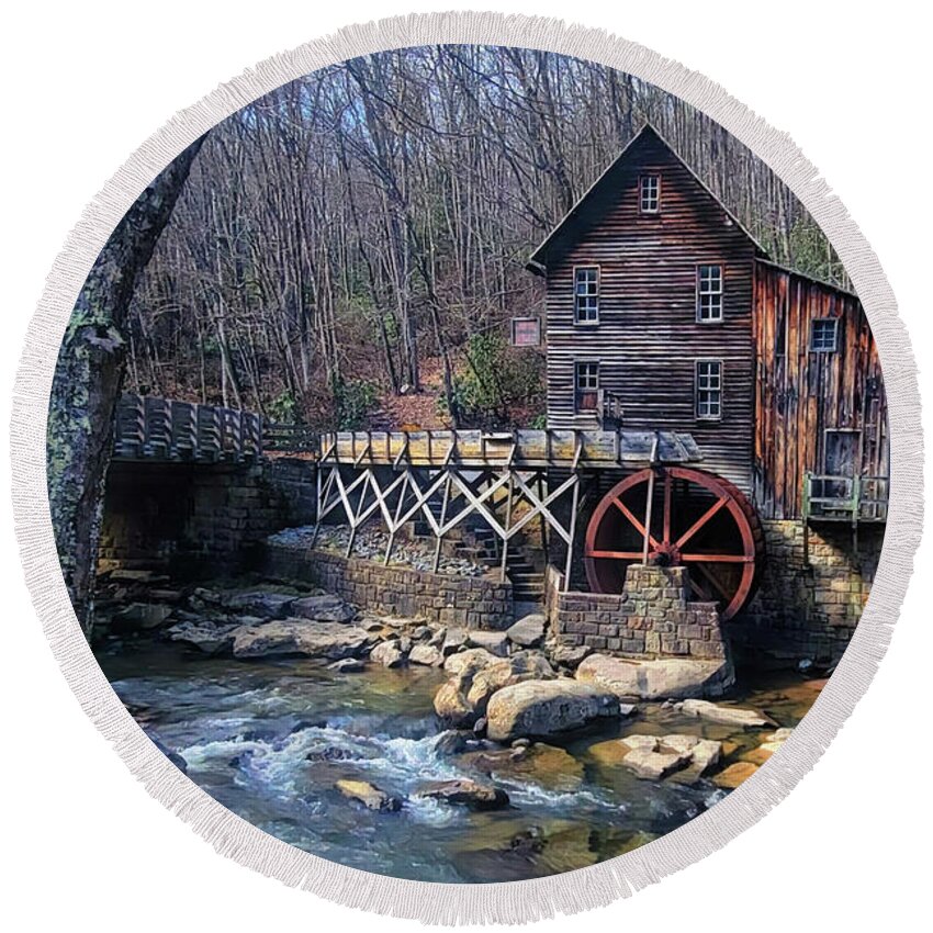 Landscape Round Beach Towel featuring the photograph Glade Creek Grist Mill by Suzanne Stout
