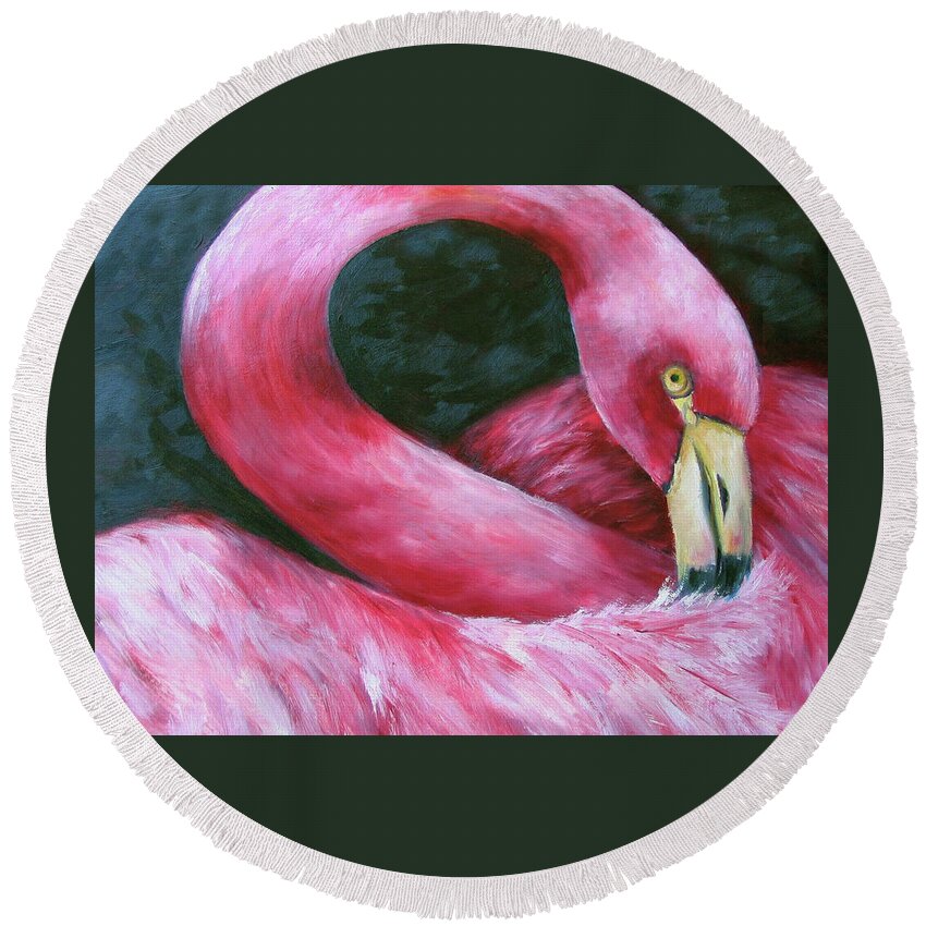 Glance Of The Flamingo Is A Reproduction Of The Artist's Tropical Work. A Bold And Dramatic Presentation. Round Beach Towel featuring the painting Glance of the Flamingo by Barbara Landry