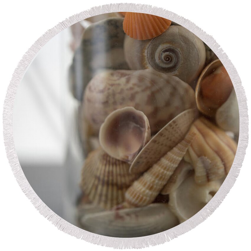 Shells Round Beach Towel featuring the photograph Glass Jar of Collected Seashells by Edward Fielding