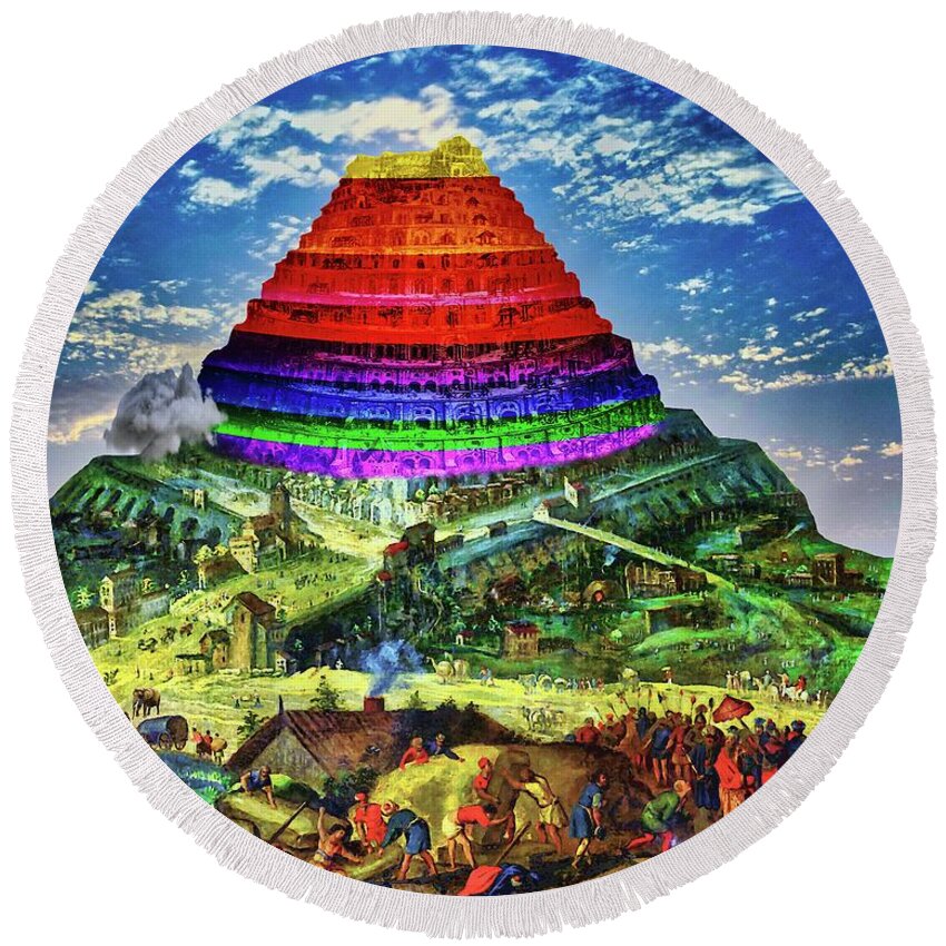 Tower Of Babel Round Beach Towel featuring the digital art Global Ambition by Norman Brule