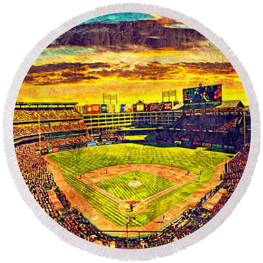 Globe Life Park Round Beach Towel featuring the digital art Globe Life Park in Arlington, Texas, at sunset - digital painting by Nicko Prints
