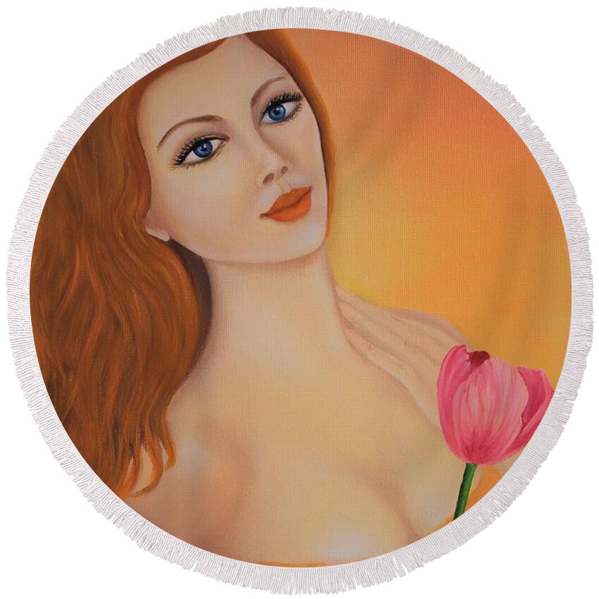 Portrait Wall Art Home Décor Face Girl Flower Tulip Oil Canvas Oil Painting Original Art Picture Wall Art Painting Art For The Living Room Office Decor Gift Idea For Him Gift Idea For Her Lady Round Beach Towel featuring the painting Gloria by Tanya Harr