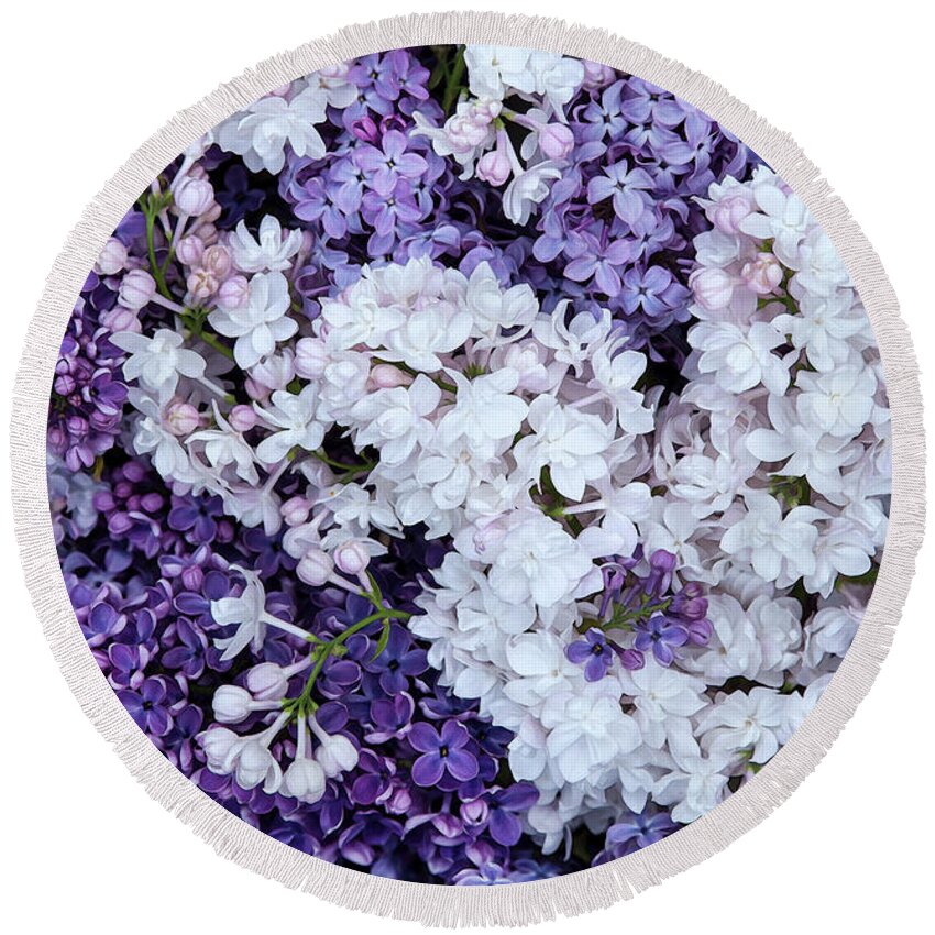 Face Mask Round Beach Towel featuring the photograph Glorious Lilacs by Theresa Tahara