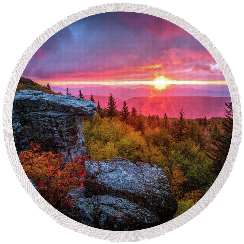 Sunrise Round Beach Towel featuring the photograph Glorious Sunrise at Dolly Sods by Jaki Miller