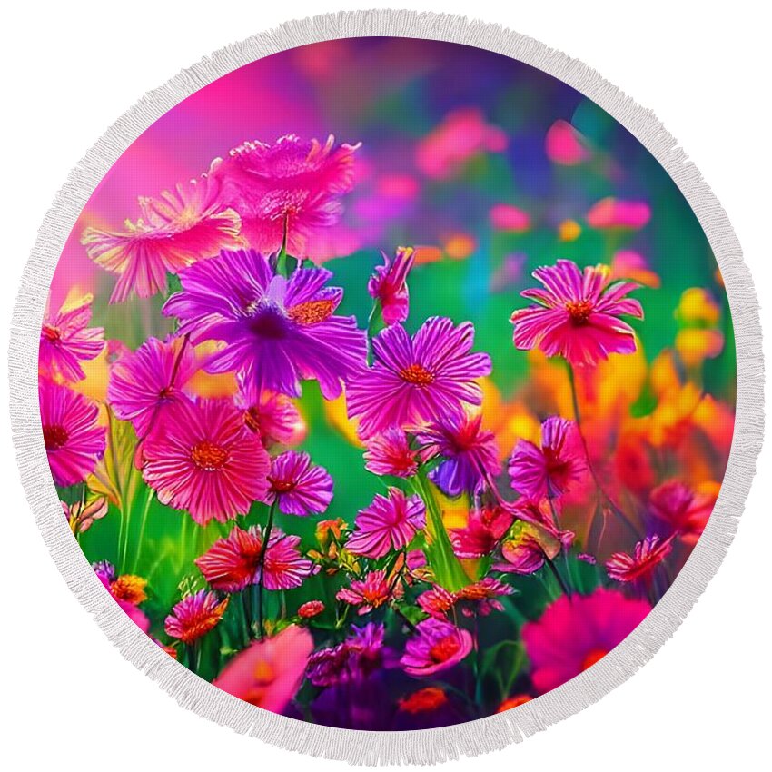 Digital Round Beach Towel featuring the digital art Glowing Pink Flowers by Beverly Read
