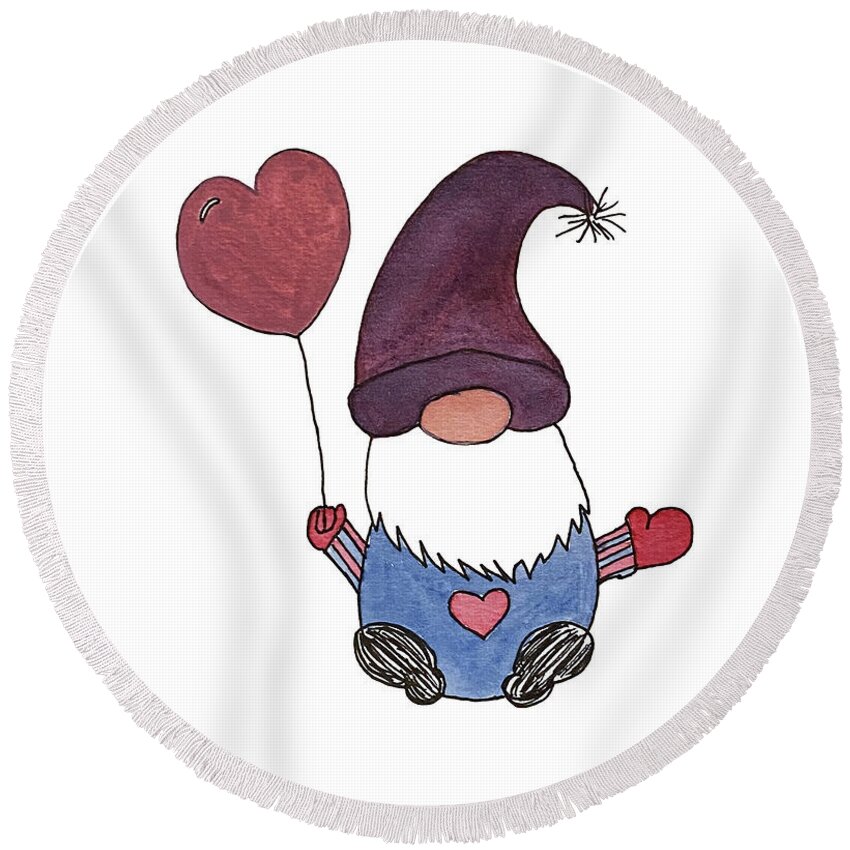 Valentine's Day Round Beach Towel featuring the mixed media Gnome with Purple Hat by Lisa Neuman