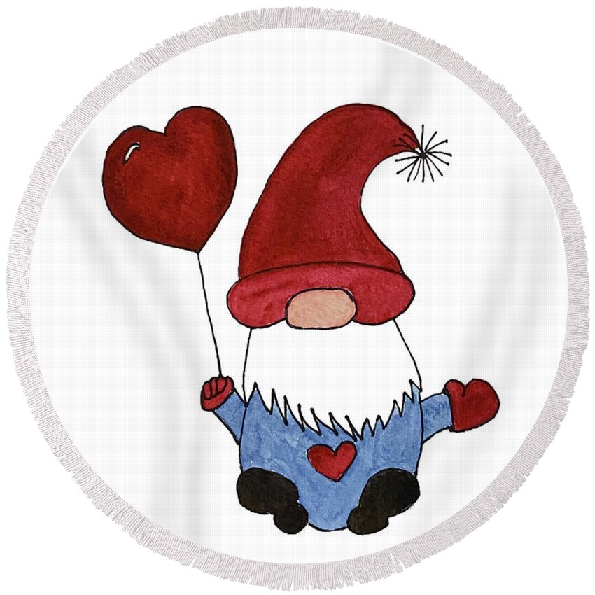 Valentine's Day Round Beach Towel featuring the mixed media Gnome with Red Hat by Lisa Neuman
