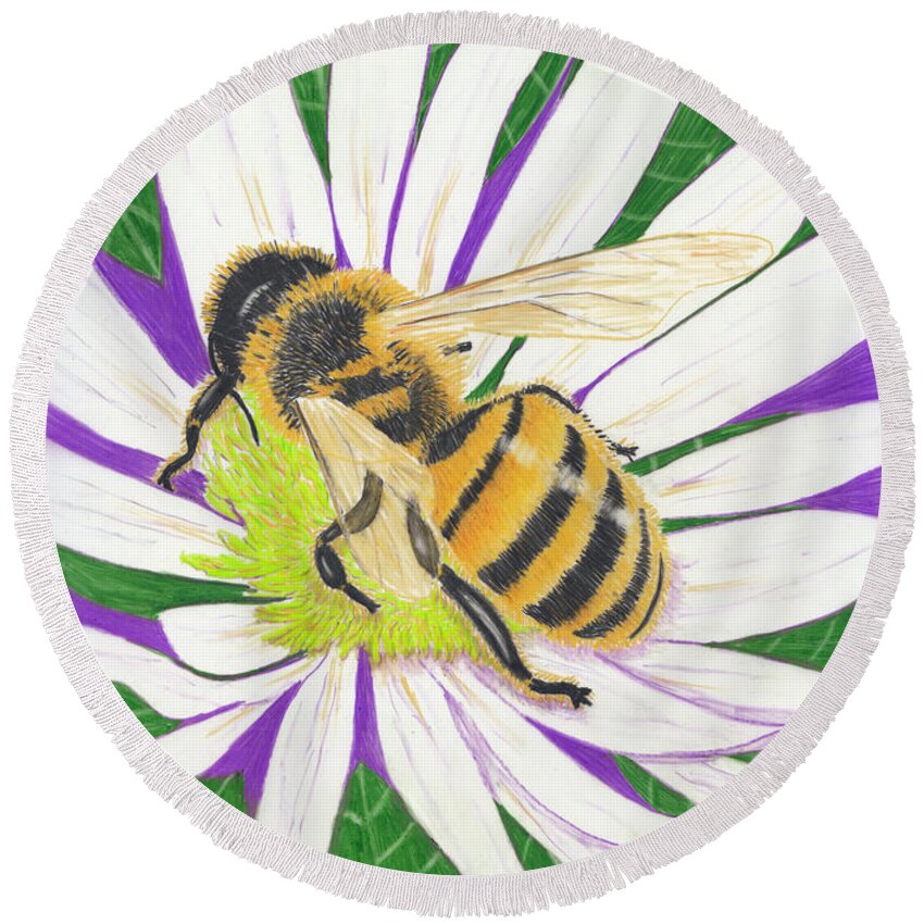 Honey Bee Round Beach Towel featuring the painting Go For The Gold - Honey Bee by Conni Schaftenaar