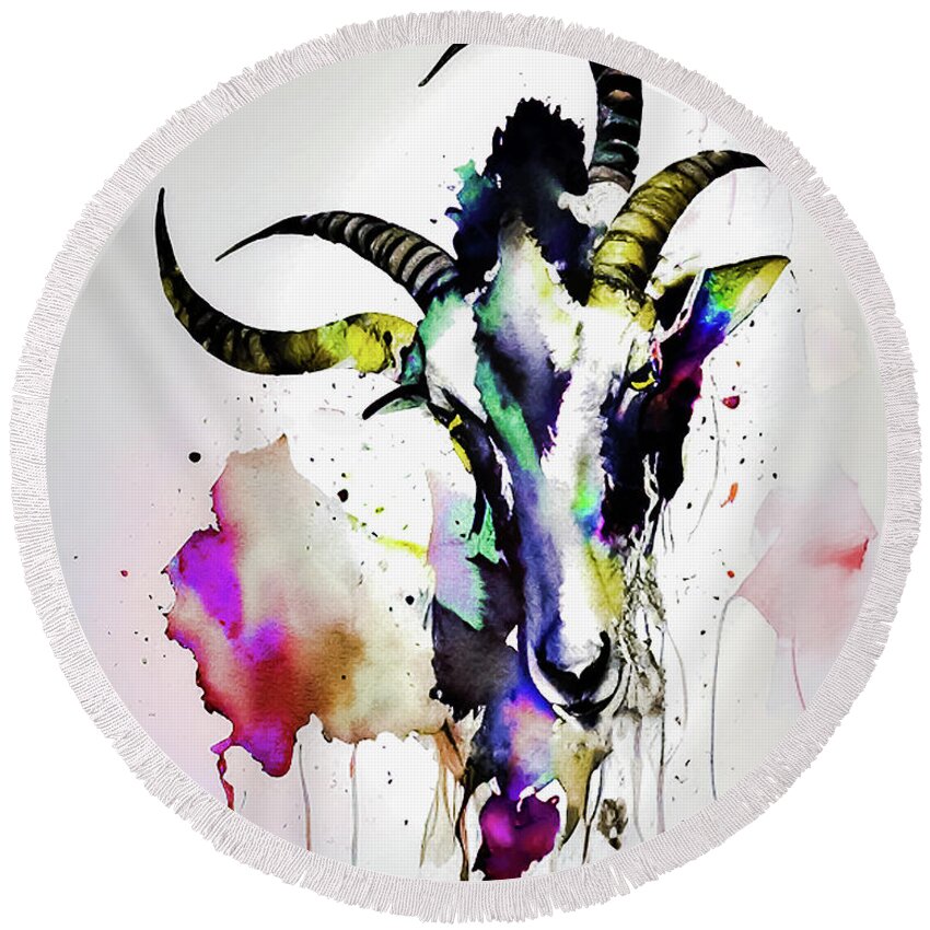 Goat Round Beach Towel featuring the painting Goat Face by Lisa Kaiser