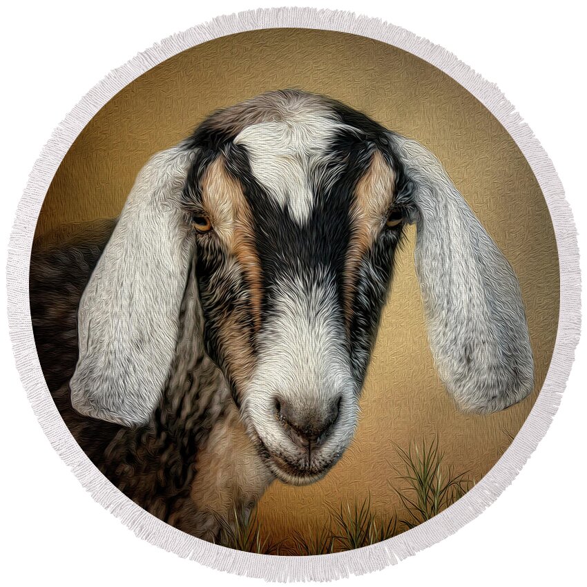 Goat Round Beach Towel featuring the digital art Goat by Maggy Pease