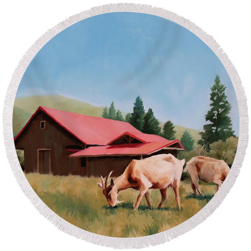 Goats Round Beach Towel featuring the painting Goats Grazing by Barn by Jordan Henderson