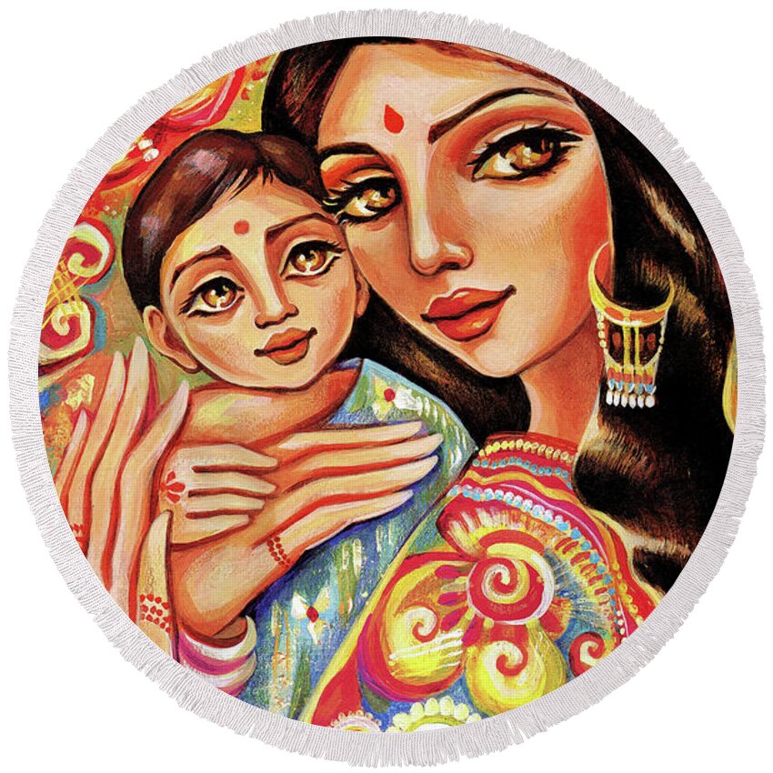 Mother And Child Round Beach Towel featuring the painting Goddess Blessing by Eva Campbell