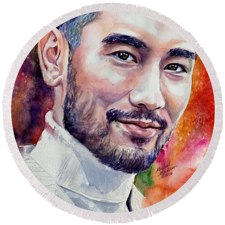 Godfrey Gao Round Beach Towel featuring the painting Godfrey Gao Inner Fire by Michal Madison