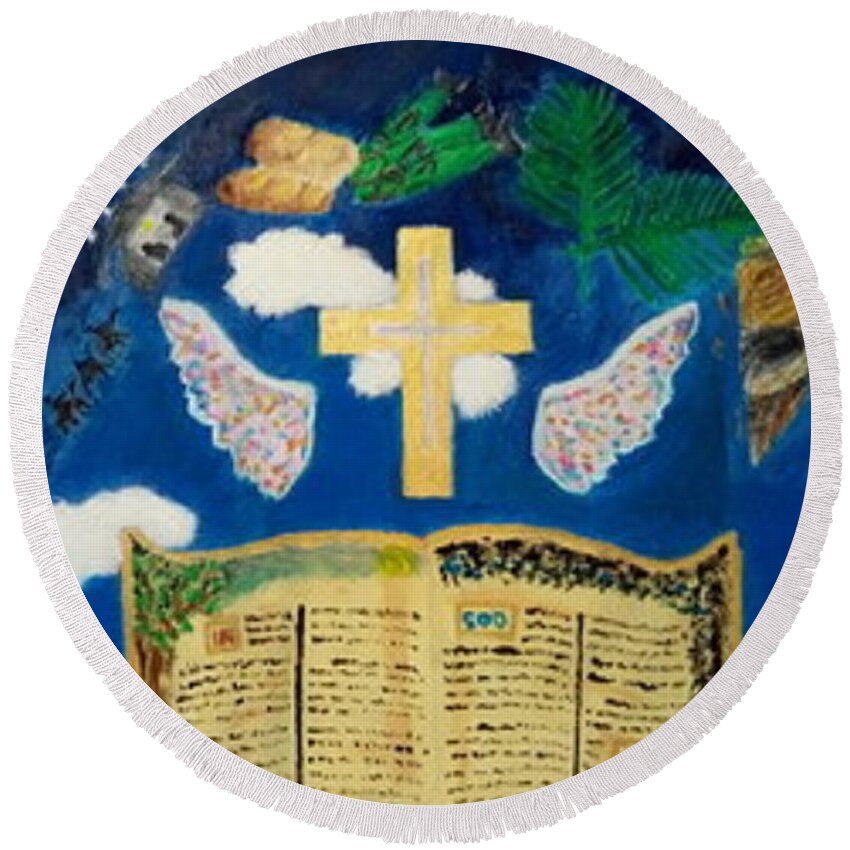 Church Round Beach Towel featuring the painting God's Stories by David Westwood