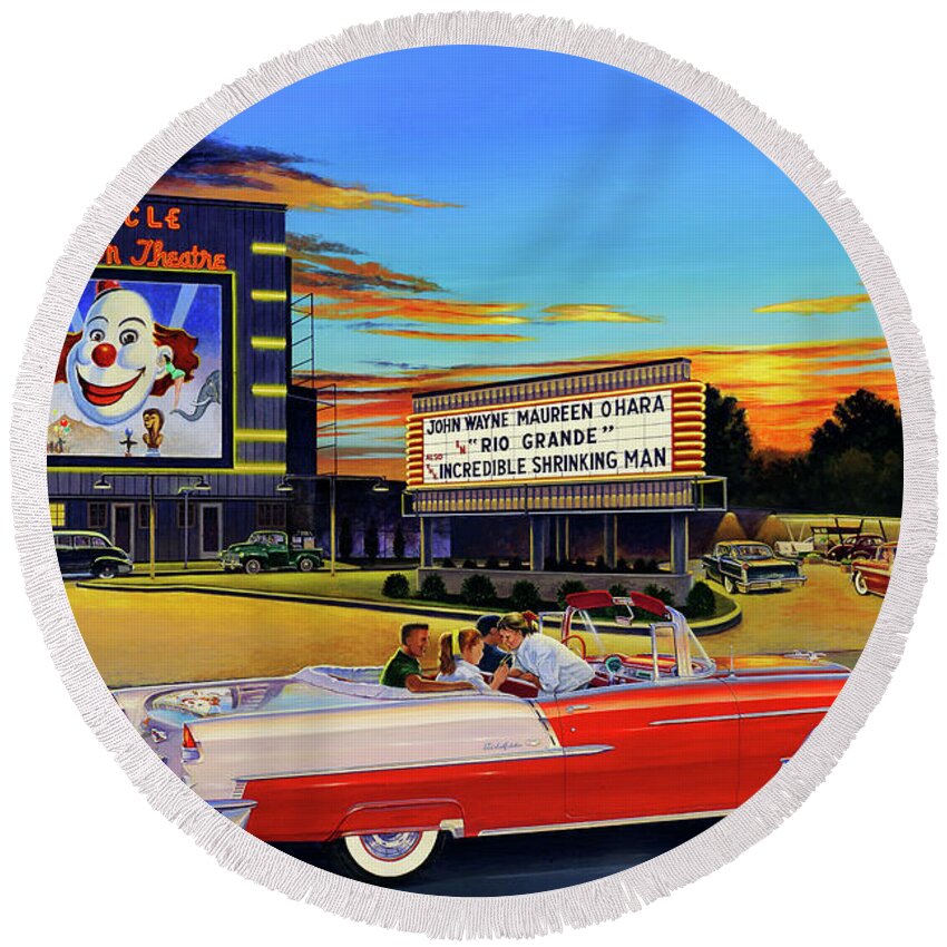 Circle Drive-in Theatre Round Beach Towel featuring the painting Goin' Steady - The Circle Drive-In Theatre by Randy Welborn