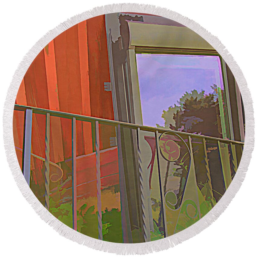 Old Windows And Gate Round Beach Towel featuring the digital art Going Up by Steve Ladner