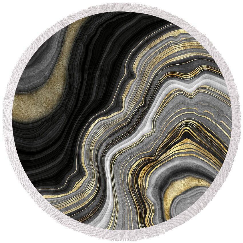 Gold And Black Agate Round Beach Towel featuring the painting Gold And Black Agate by Modern Art